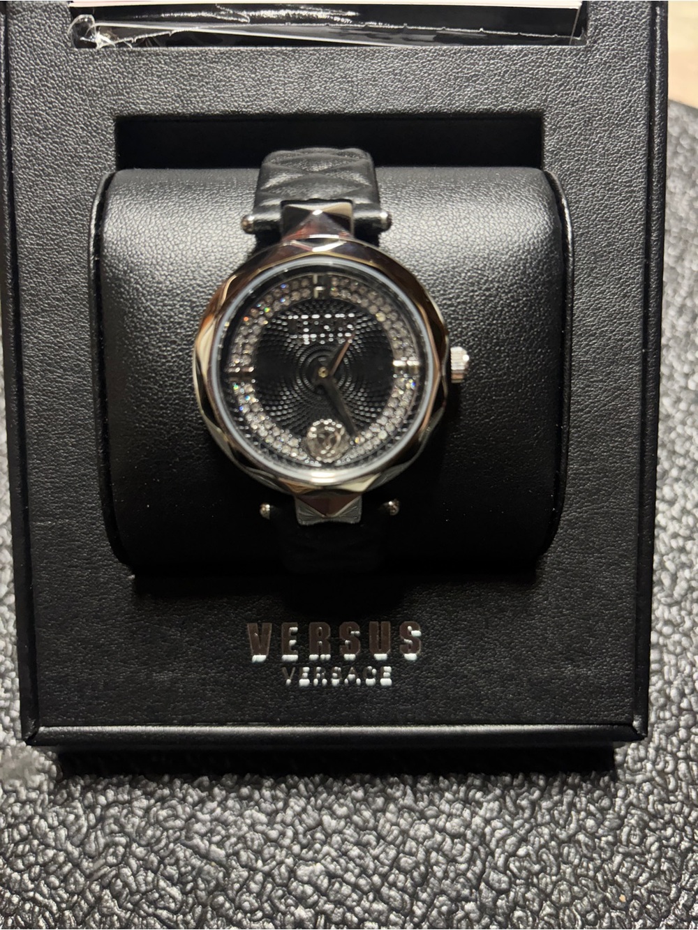 Versus Versace Black Leather Strap Silver-Tone Crystal Dial Watch